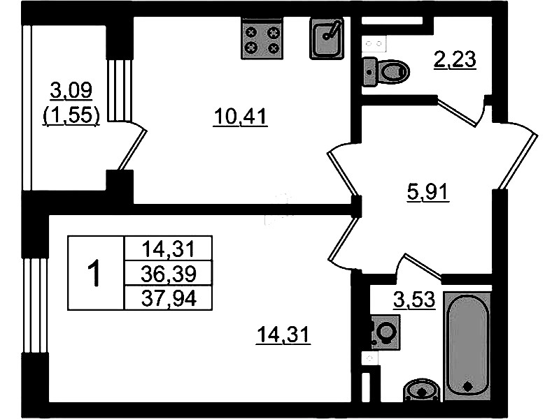 1-комнатная квартира 37.94 м², 2/4 эт., ЖК «Новая история»